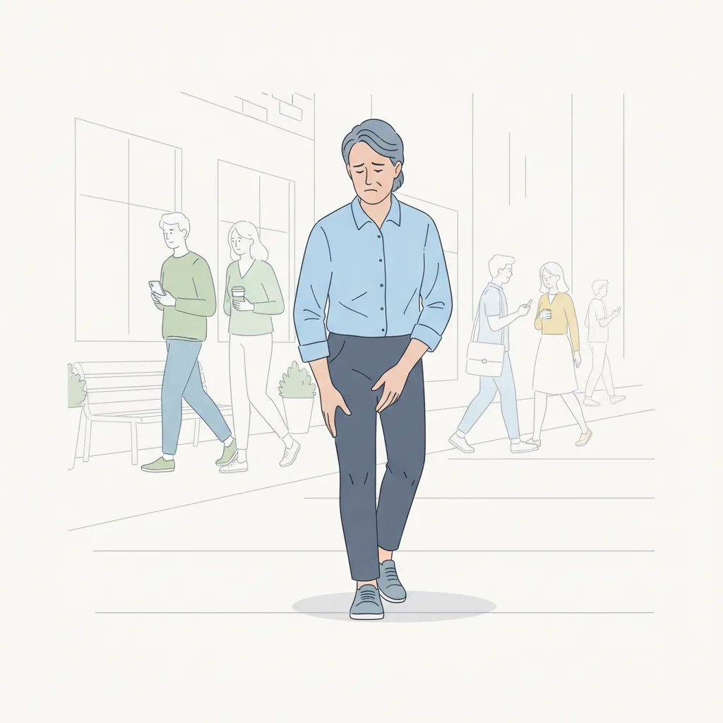 걸을 때 발저림과 찌릿한 증상을 느끼며 불편해하는 환자의 일상 모습<p style=