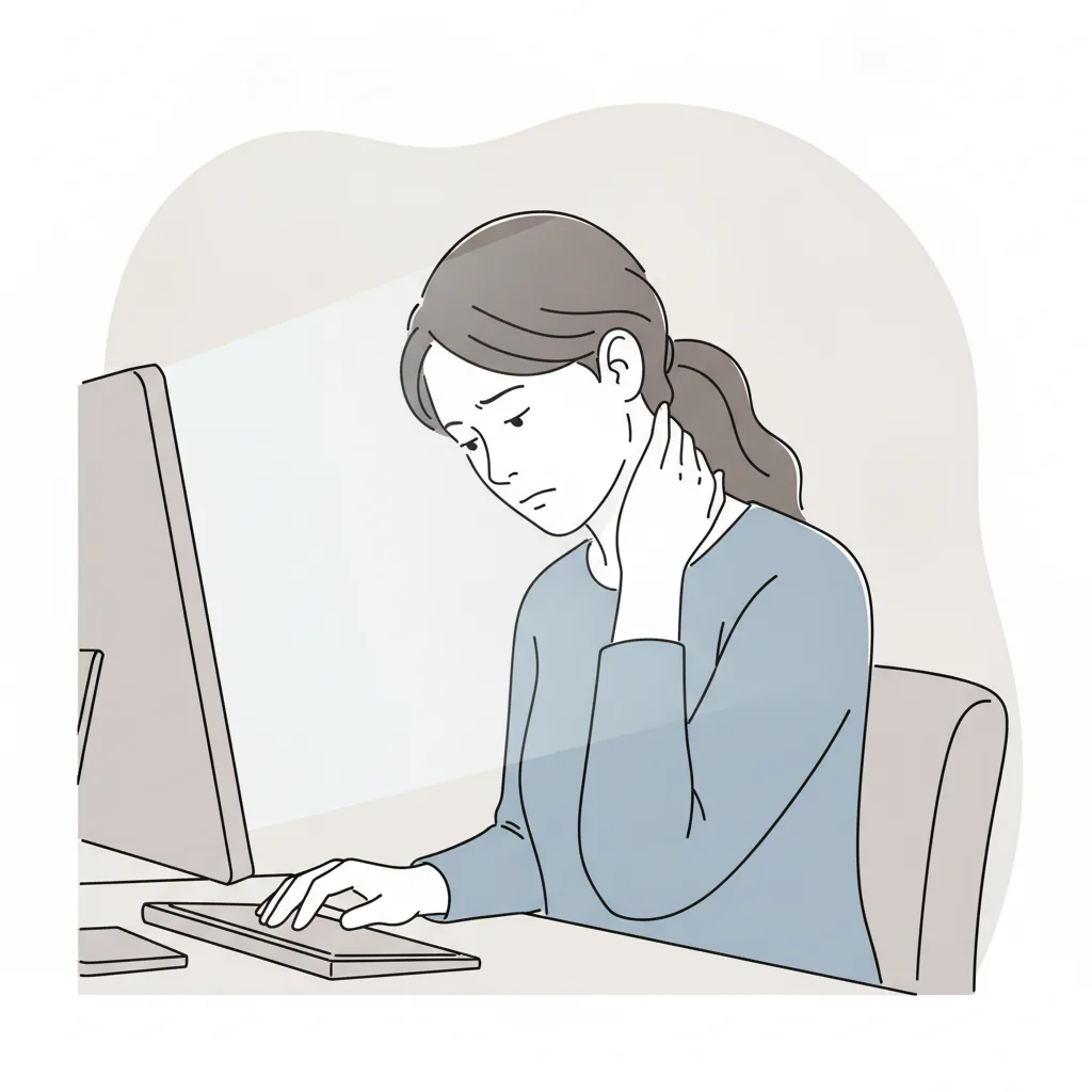 조이는 듯한 긴장형두통으로 목과 머리를 만지고 있는 사람의 일상 모습<p style=