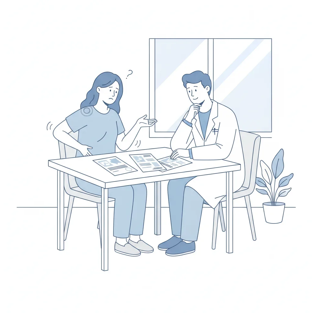 여러 병원의 정상 검사 결과에도 불구하고 전신 통증이 지속되는 환자가 의사와 상담하고 있는 모습<p style=