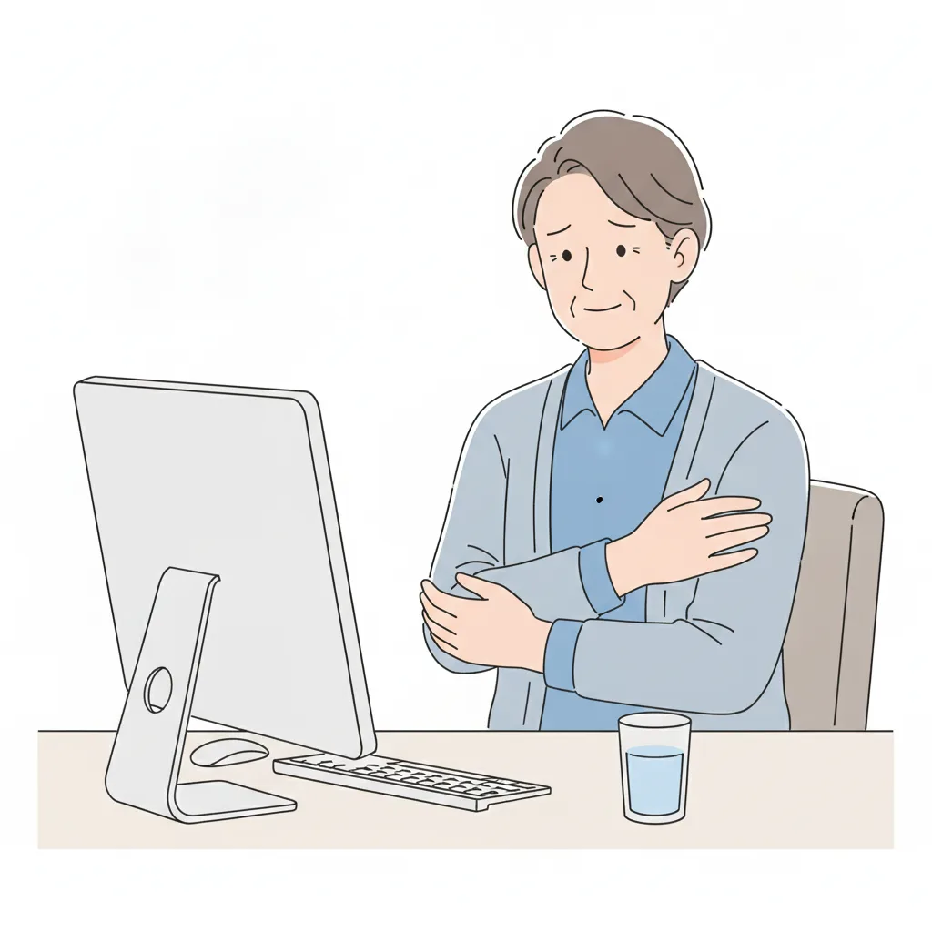 사무직 직업인이 팔꿈치 바깥쪽 통증으로 팔을 잡고 있는 테니스엘보 증상 장면<p style=